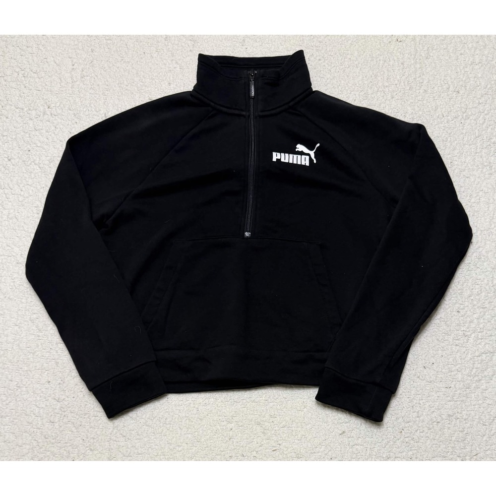 PUMA Womens Sweatshirt Pullover Size S Black Quarter Zip Cotton Blend Solid